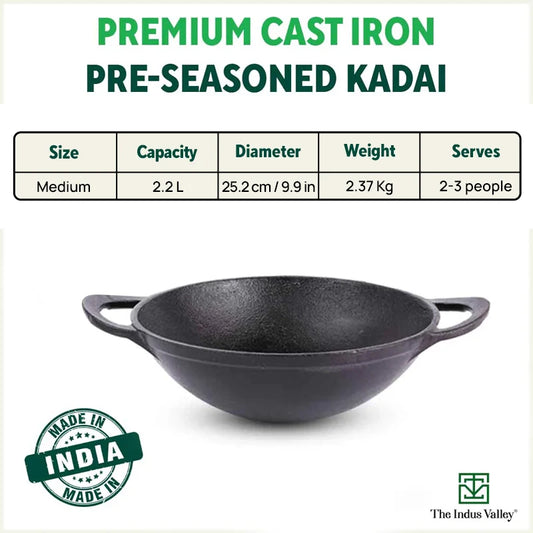 CASTrong Cast Iron Kadai, Pre-seasoned, Nonstick, 100% Pure, Toxin-free, Free ₹110 Spatula, 25.2cm, 2.2L, 2.37kg