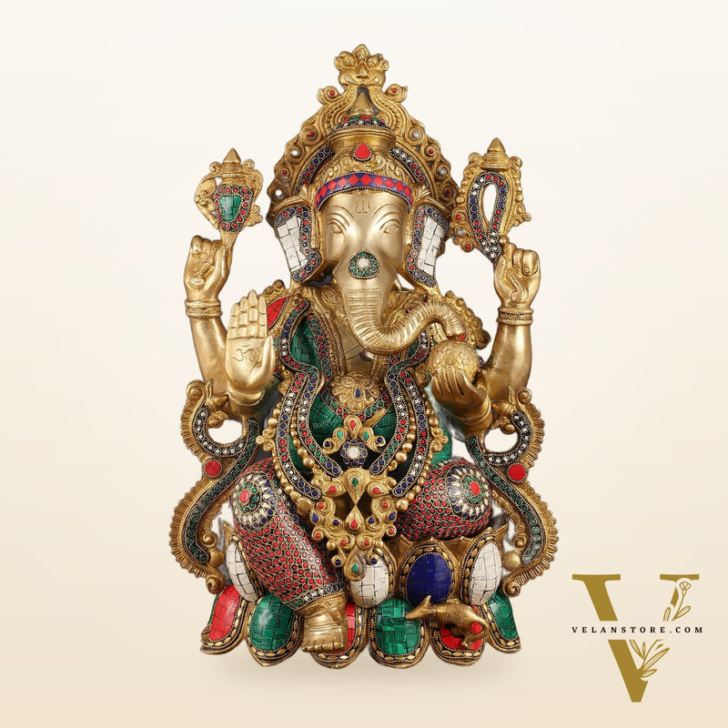 Intricate 21-Inch Brass Ganesha Statue with Stonework - Seated on Lotus