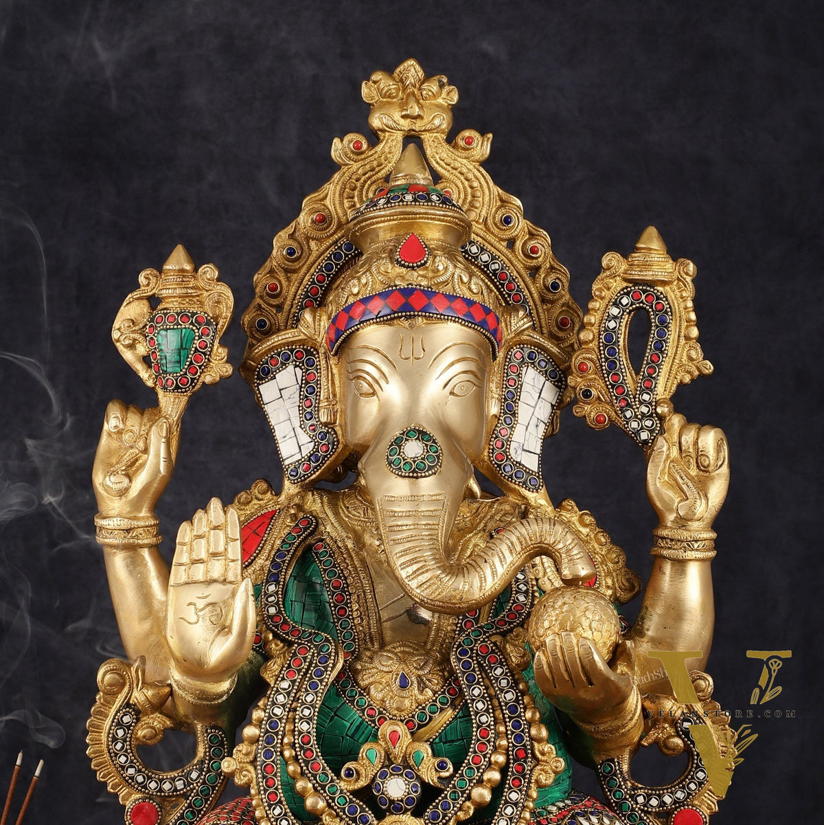 Intricate 21-Inch Brass Ganesha Statue with Stonework - Seated on Lotus