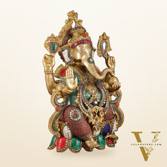 Intricate 21-Inch Brass Ganesha Statue with Stonework - Seated on Lotus