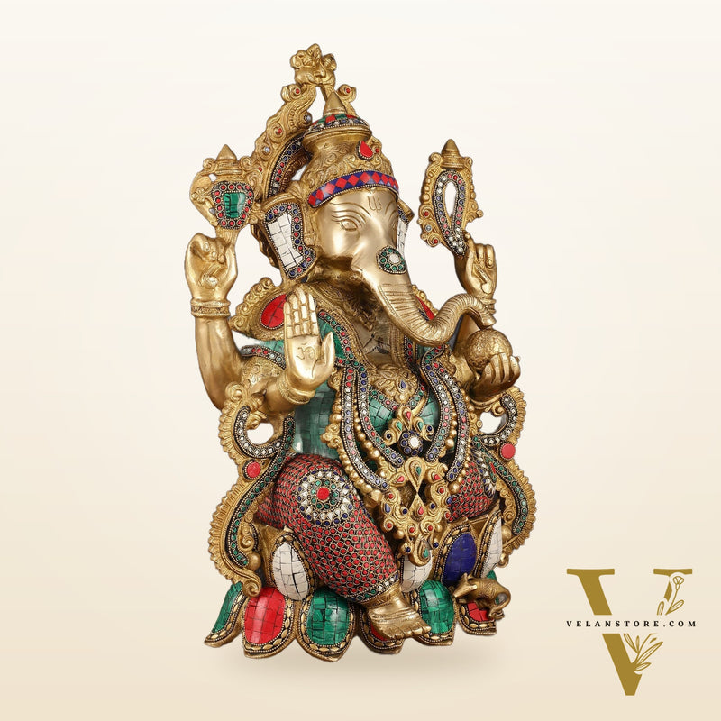 Intricate 21-Inch Brass Ganesha Statue with Stonework - Seated on Lotus