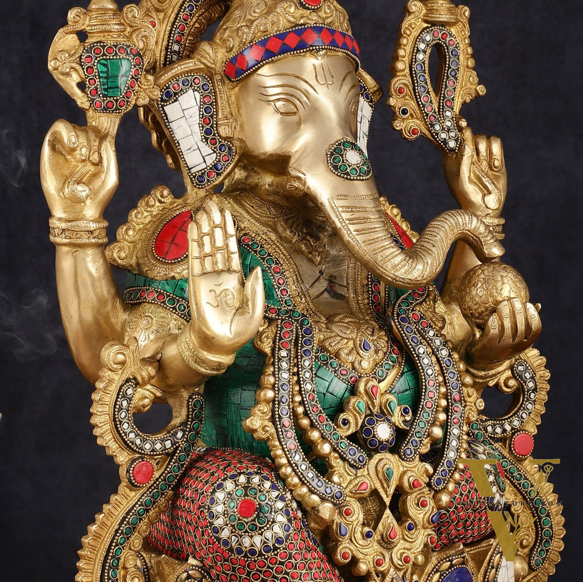 Intricate 21-Inch Brass Ganesha Statue with Stonework - Seated on Lotus