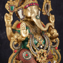 Intricate 21-Inch Brass Ganesha Statue with Stonework - Seated on Lotus