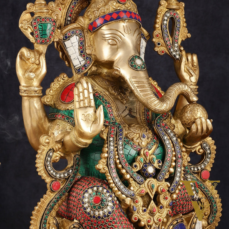 Intricate 21-Inch Brass Ganesha Statue with Stonework - Seated on Lotus