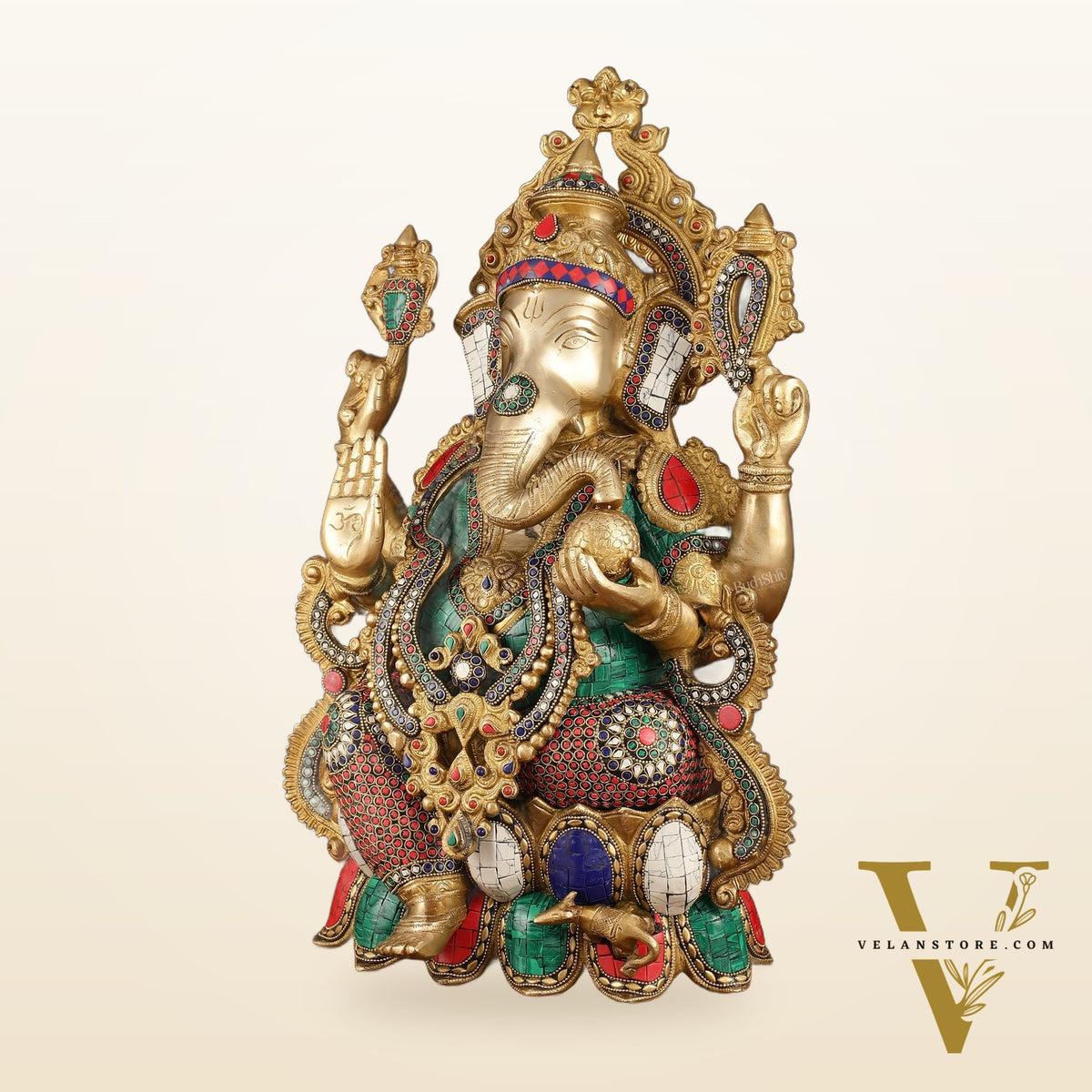 Intricate 21-Inch Brass Ganesha Statue with Stonework - Seated on Lotus
