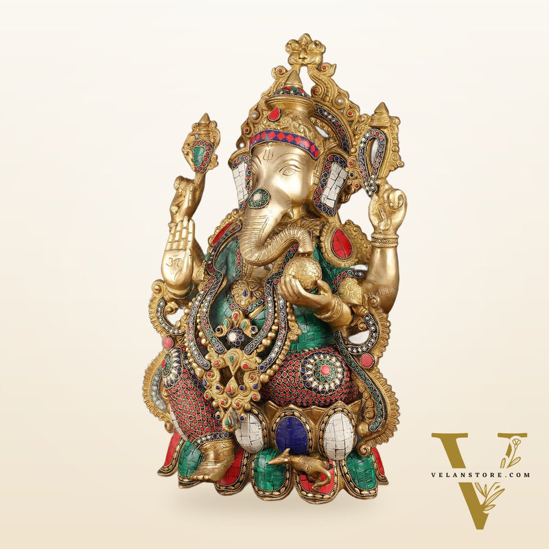 Intricate 21-Inch Brass Ganesha Statue with Stonework - Seated on Lotus