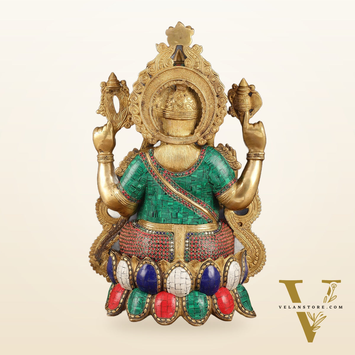 Intricate 21-Inch Brass Ganesha Statue with Stonework - Seated on Lotus