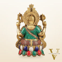Intricate 21-Inch Brass Ganesha Statue with Stonework - Seated on Lotus