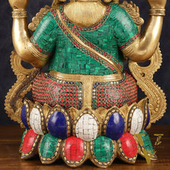 Intricate 21-Inch Brass Ganesha Statue with Stonework - Seated on Lotus
