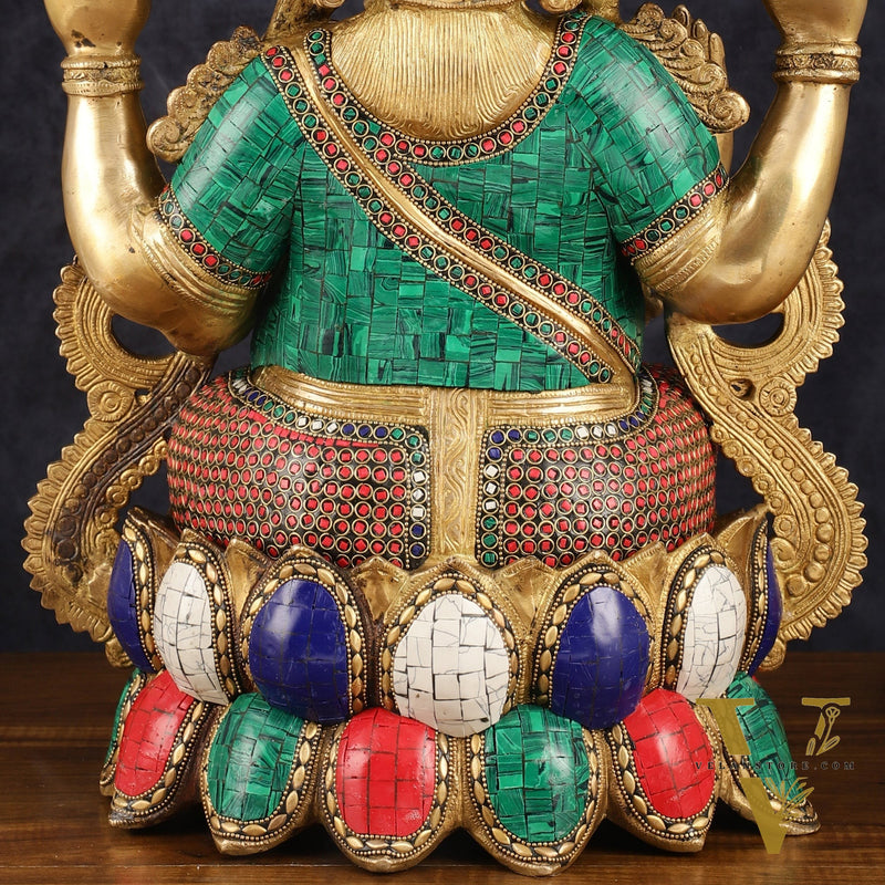 Intricate 21-Inch Brass Ganesha Statue with Stonework - Seated on Lotus
