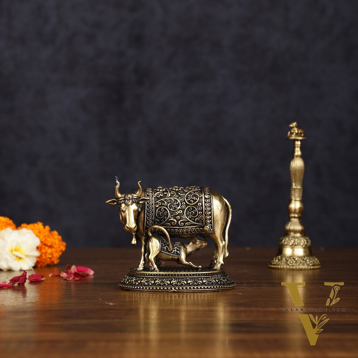 Intricate Brass antique Small Kamdhenu Cow with Calf Idol - 3-inch