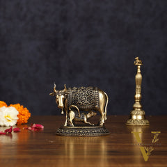 Intricate Brass antique Small Kamdhenu Cow with Calf Idol - 3-inch