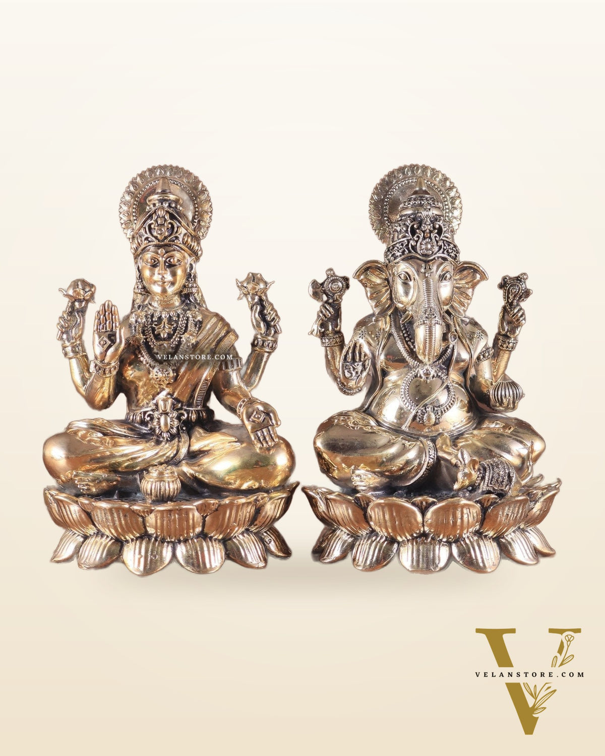 Intricate Brass Ganesha Lakshmi on Lotus – 8.5" x 5.5" x 4.5"