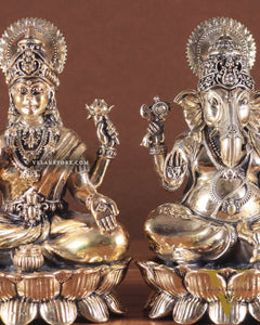 Intricate Brass Ganesha Lakshmi on Lotus – 8.5" x 5.5" x 4.5"