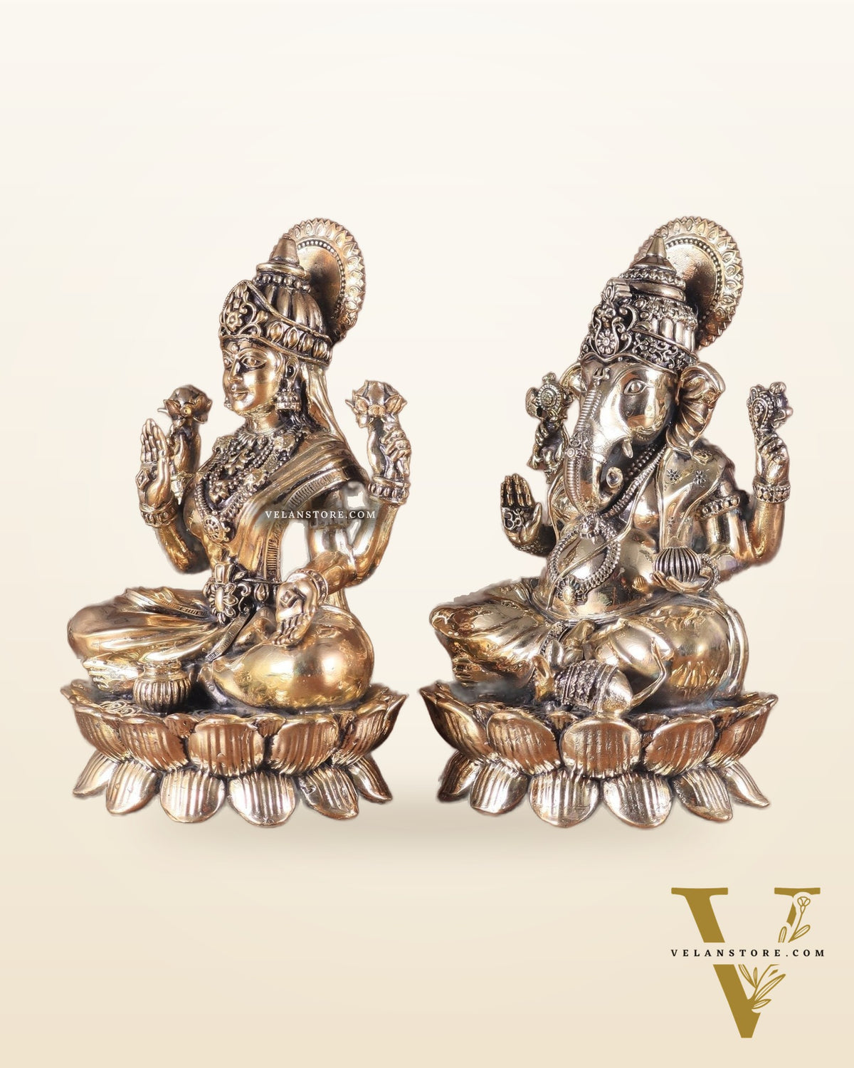 Intricate Brass Ganesha Lakshmi on Lotus – 8.5" x 5.5" x 4.5"