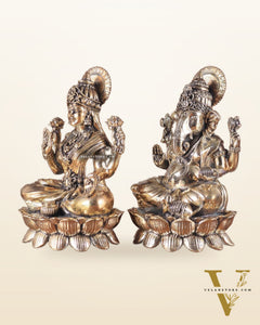 Intricate Brass Ganesha Lakshmi on Lotus – 8.5" x 5.5" x 4.5"