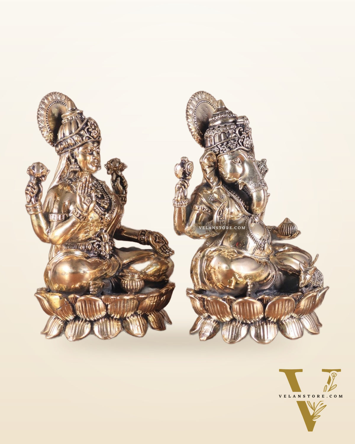 Intricate Brass Ganesha Lakshmi on Lotus – 8.5" x 5.5" x 4.5"