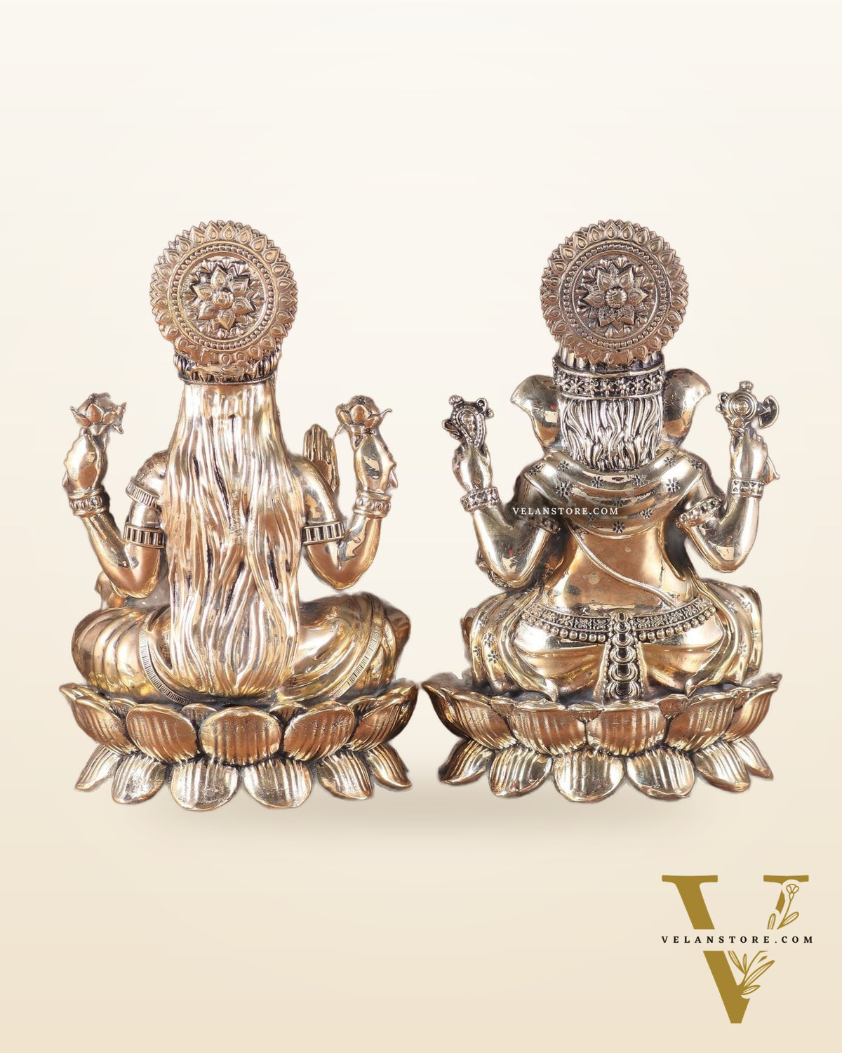 Intricate Brass Ganesha Lakshmi on Lotus – 8.5" x 5.5" x 4.5"