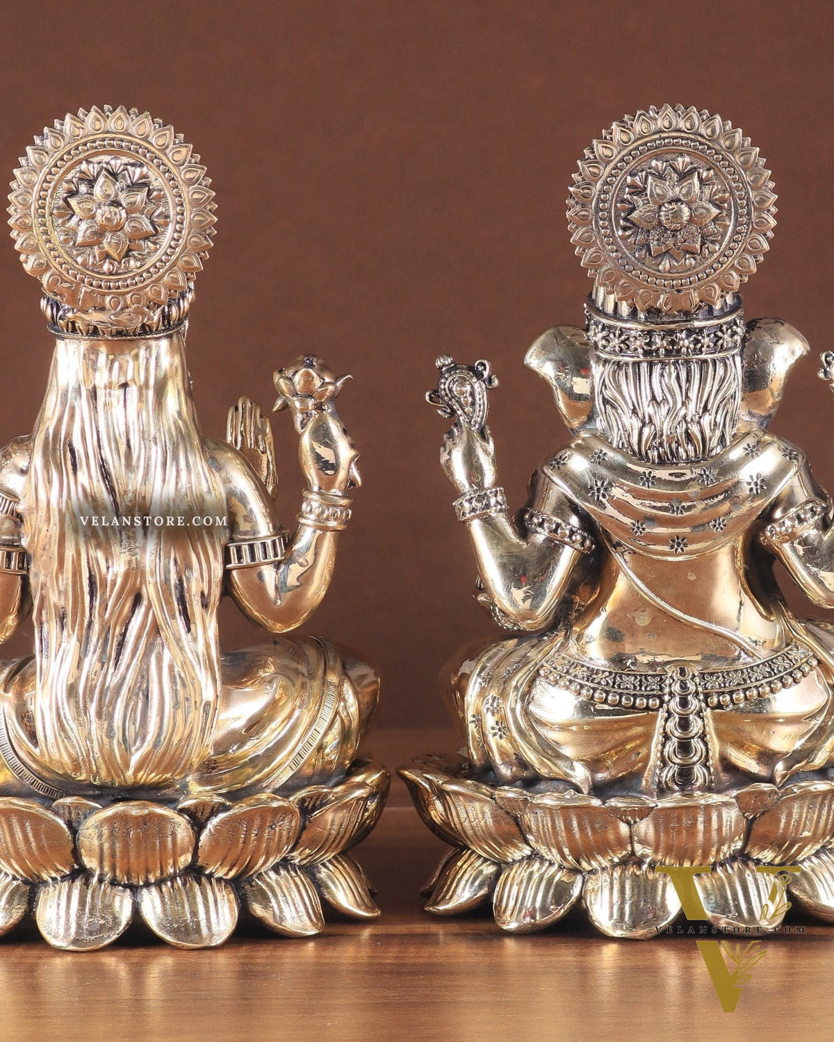 Intricate Brass Ganesha Lakshmi on Lotus – 8.5" x 5.5" x 4.5"