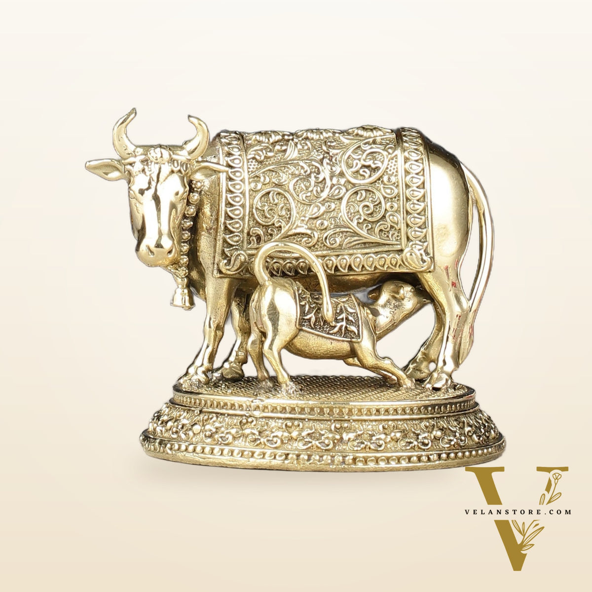 Intricate Brass Small Kamdhenu Cow with Calf Idol - 3-inch