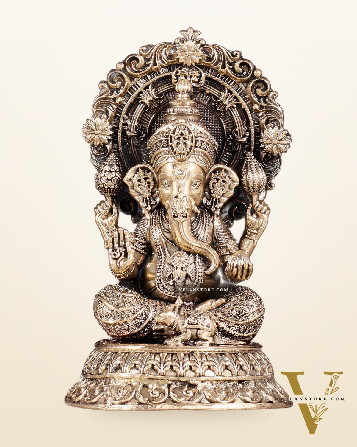 Intricate Brass Superfine Ganesha on Throne Idol 5.25"