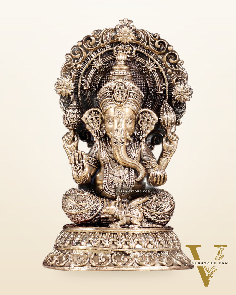 Intricate Brass Superfine Ganesha on Throne Idol 5.25"
