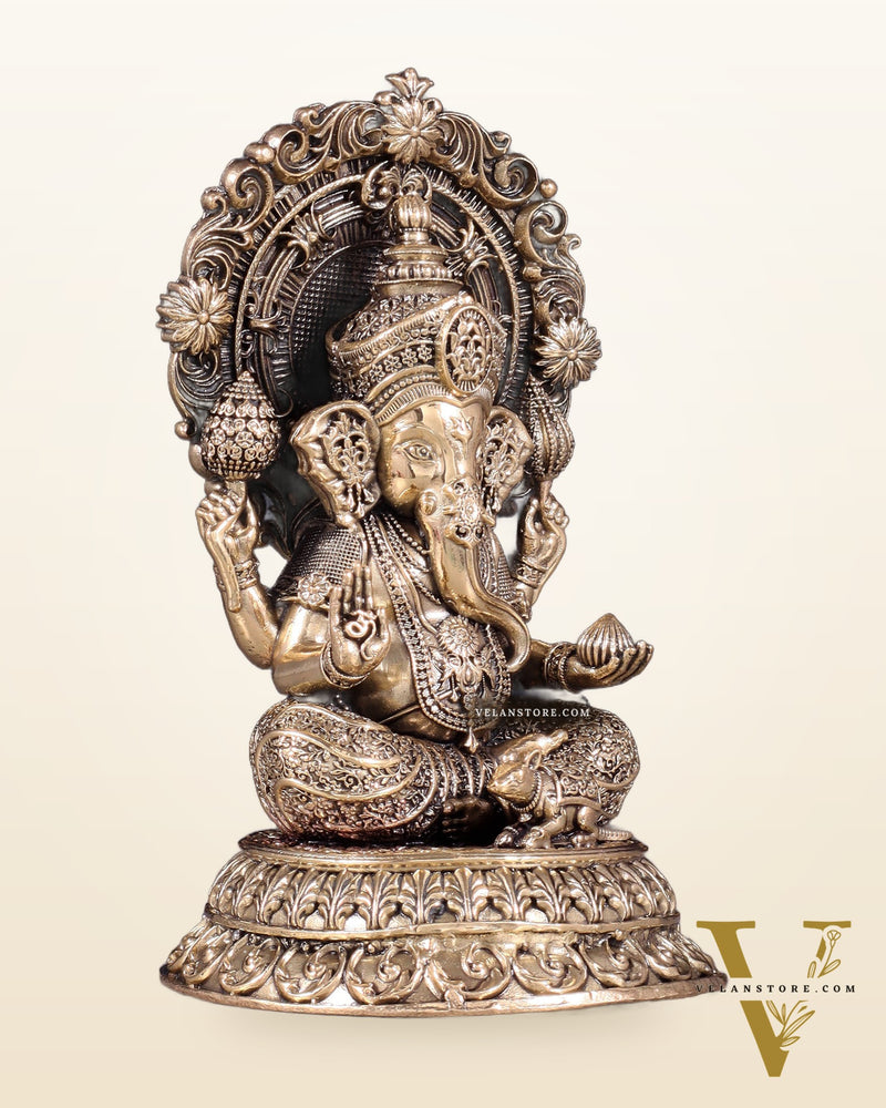 Intricate Brass Superfine Ganesha on Throne Idol 5.25"