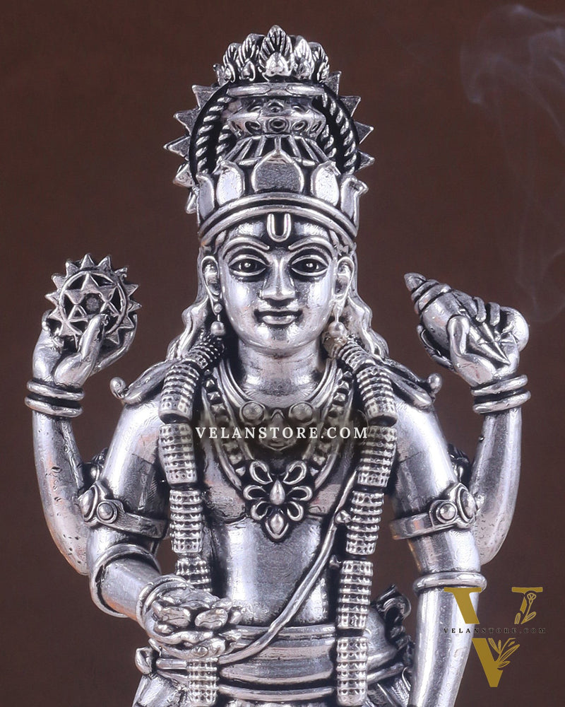 Intricate Brass superfine Vishnu idol 7 inch Silver plated