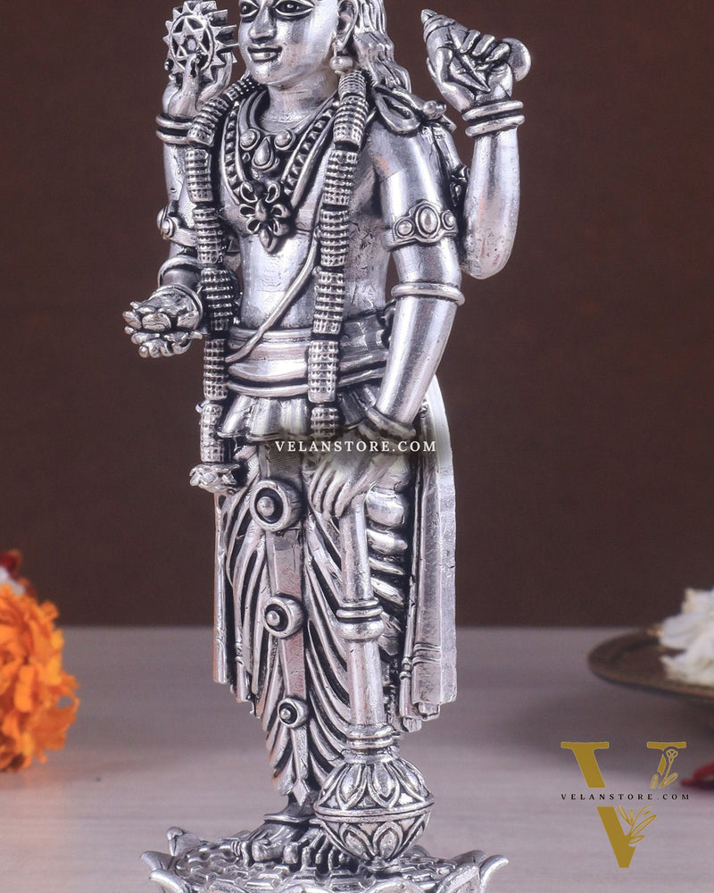 Intricate Brass superfine Vishnu idol 7 inch Silver plated
