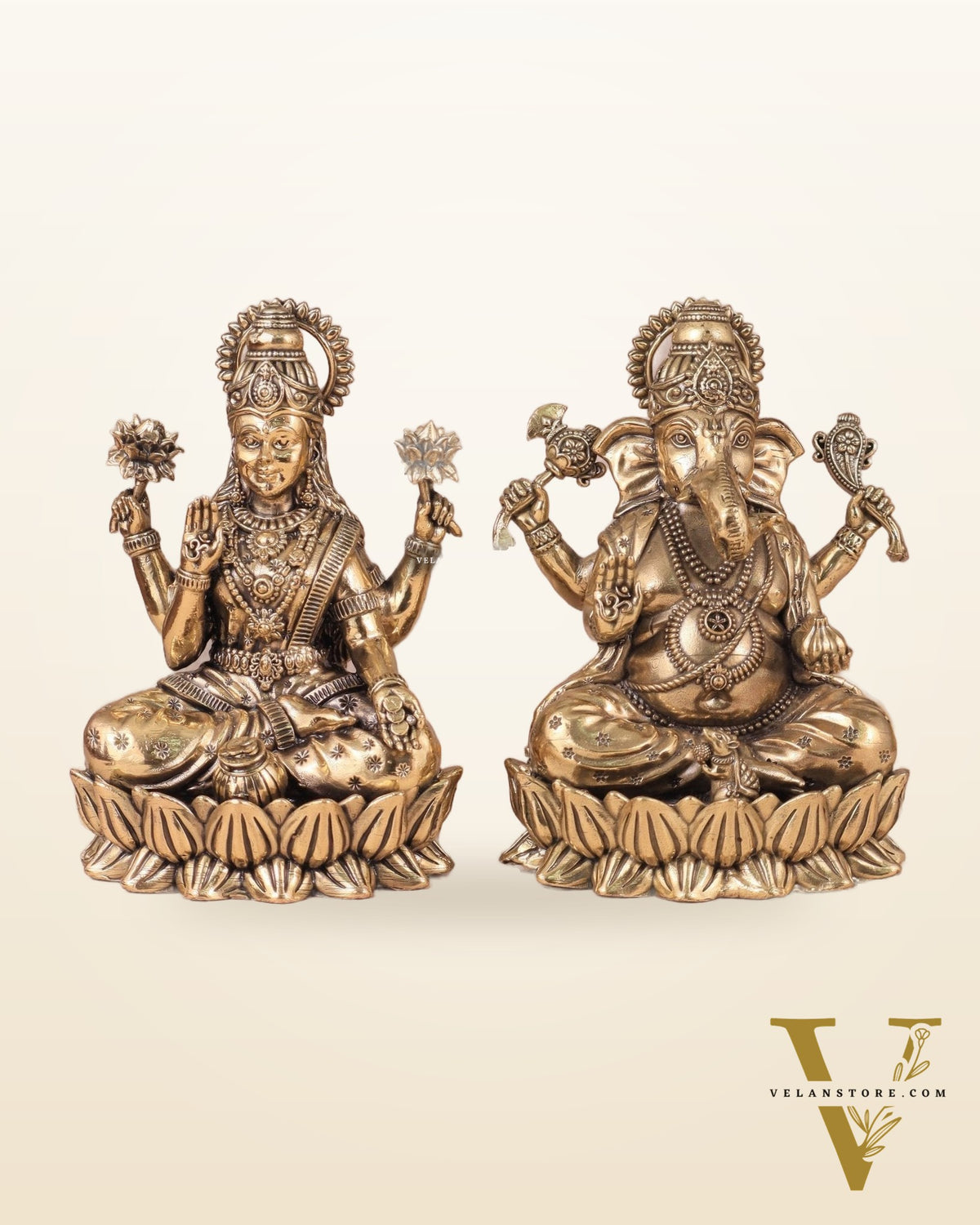 Intricate Ganesha and Lakshmi Superfine Brass Idols with Clear Detailing 6"