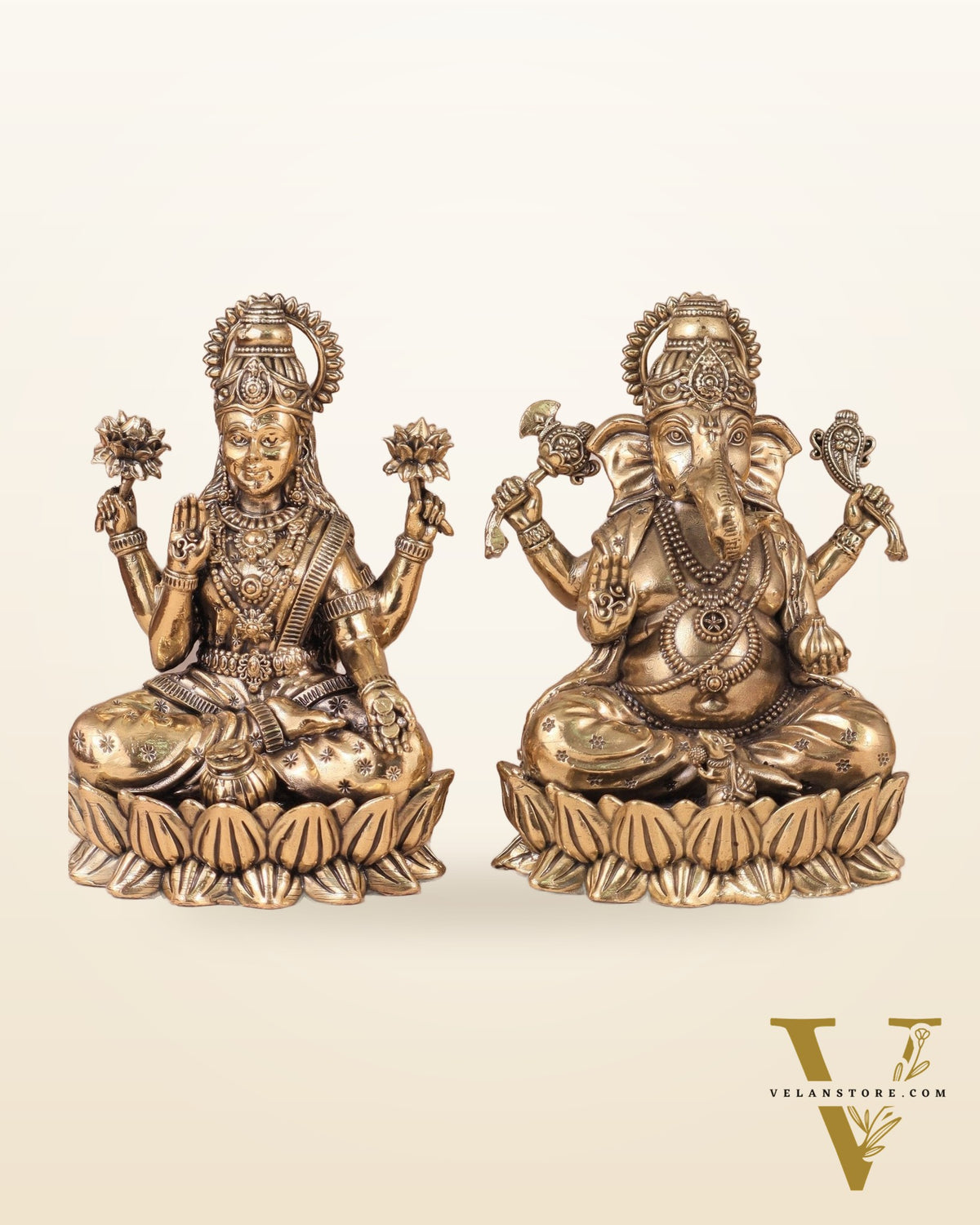 Intricate Ganesha and Lakshmi Superfine Brass Idols with Clear Detailing 6"