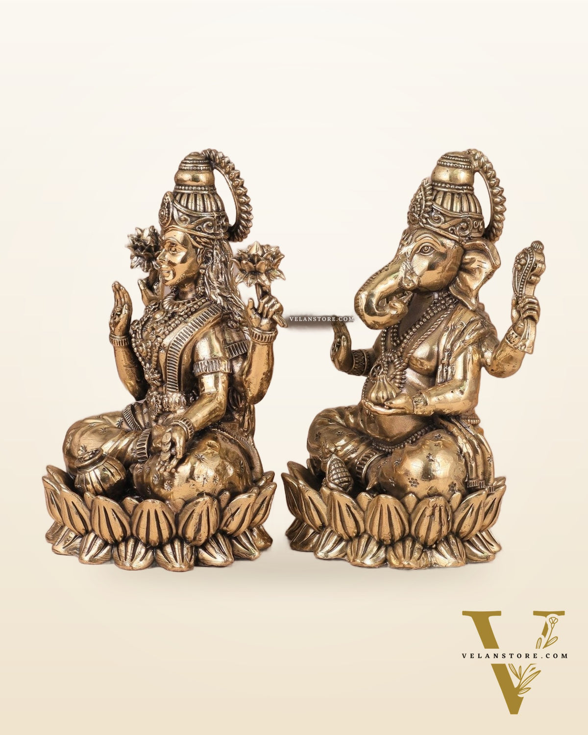 Intricate Ganesha and Lakshmi Superfine Brass Idols with Clear Detailing 6"