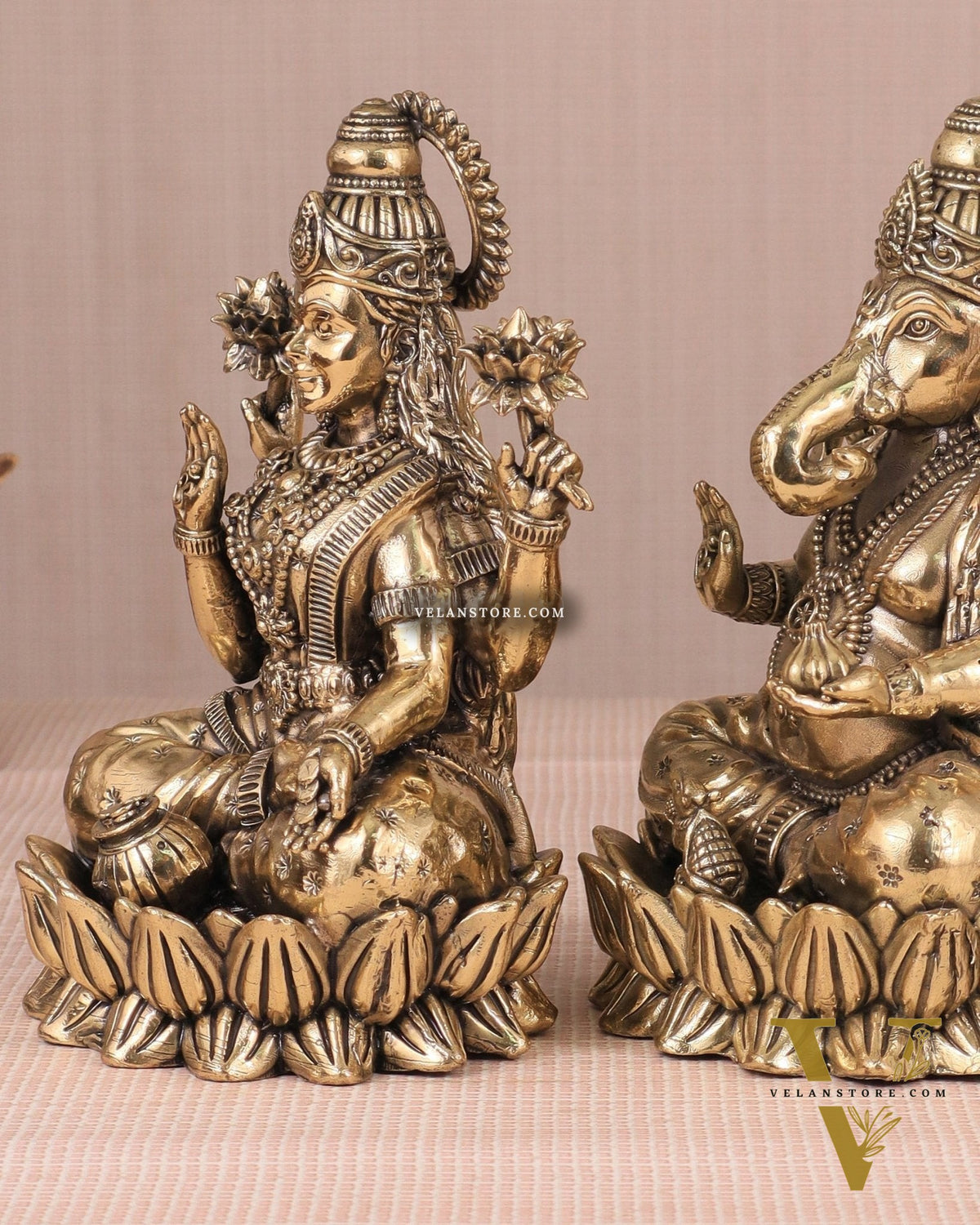 Intricate Ganesha and Lakshmi Superfine Brass Idols with Clear Detailing 6"