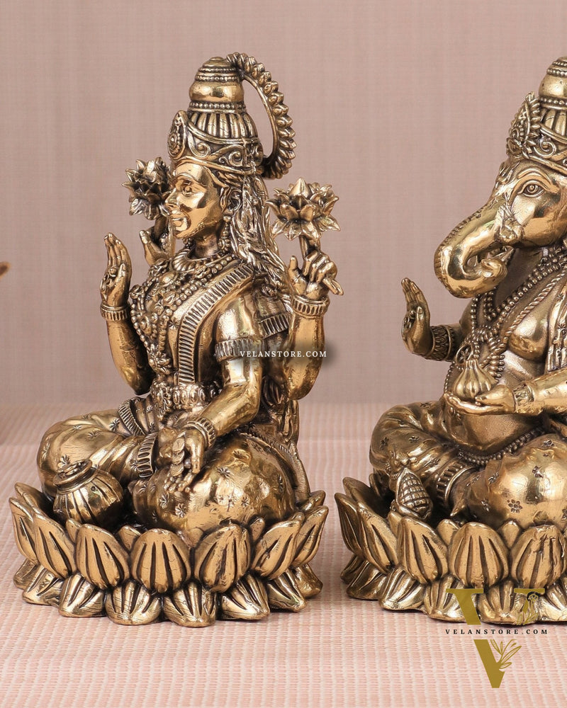 Intricate Ganesha and Lakshmi Superfine Brass Idols with Clear Detailing 6"