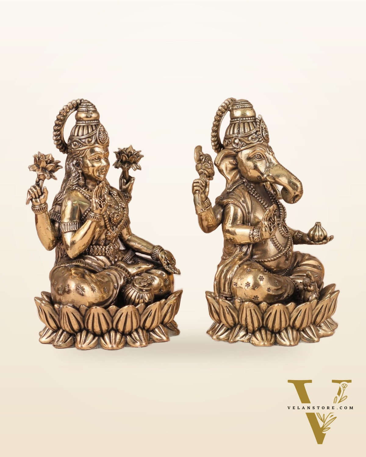 Intricate Ganesha and Lakshmi Superfine Brass Idols with Clear Detailing 6"