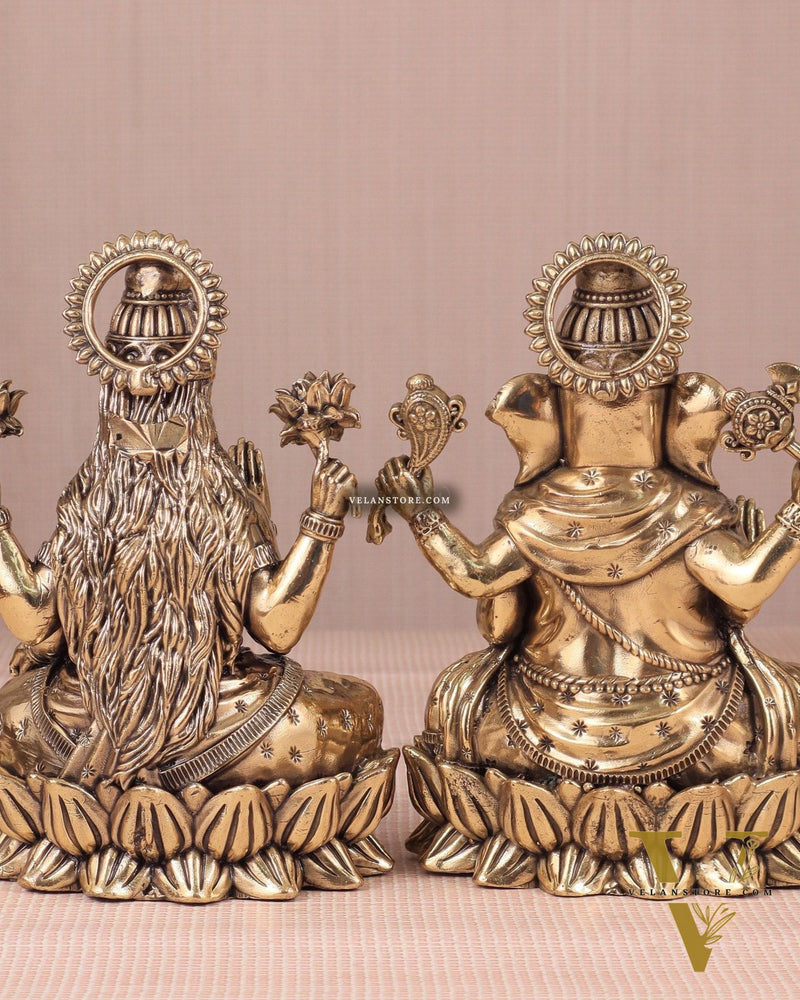 Intricate Ganesha and Lakshmi Superfine Brass Idols with Clear Detailing 6"
