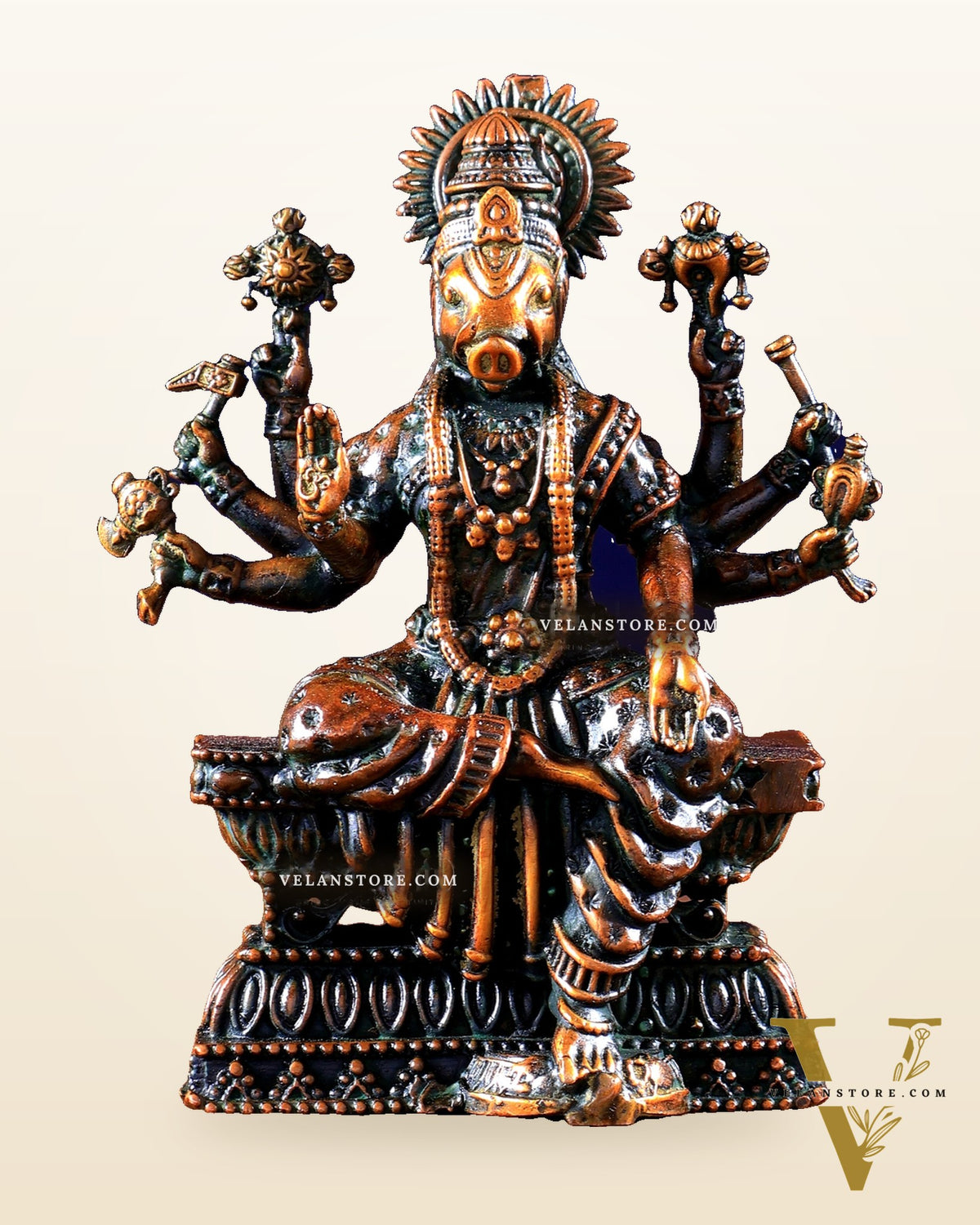 Intricate Hollow-Cast Goddess Varahi Superfine Brass Idol – 4" Tall chola brown tone