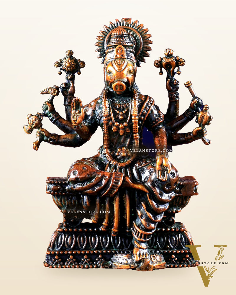 Intricate Hollow-Cast Goddess Varahi Superfine Brass Idol – 4" Tall chola brown tone