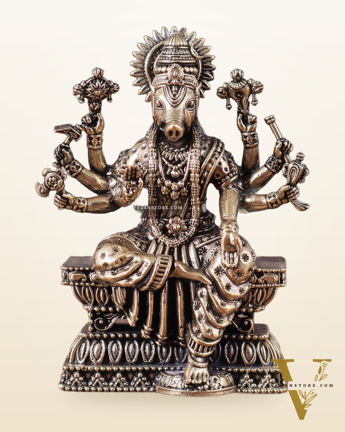 Intricate Hollow-Cast Goddess Varahi Superfine Brass Idol – 4" Tall