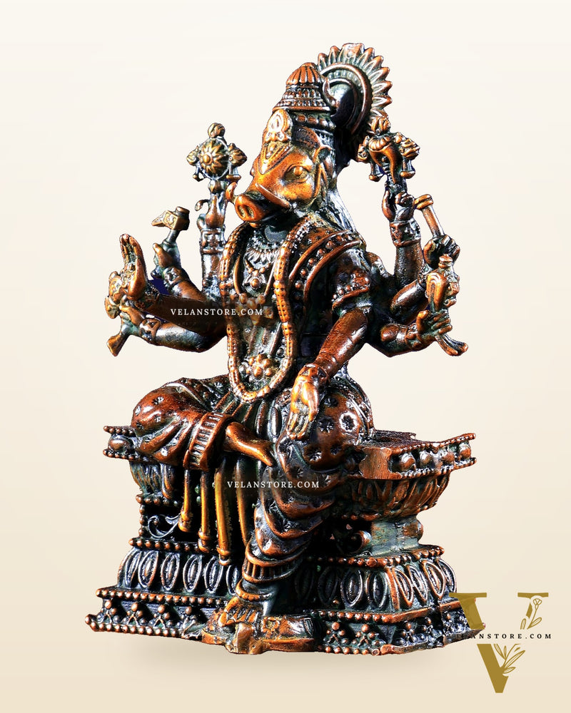Intricate Hollow-Cast Goddess Varahi Superfine Brass Idol – 4" Tall chola brown tone