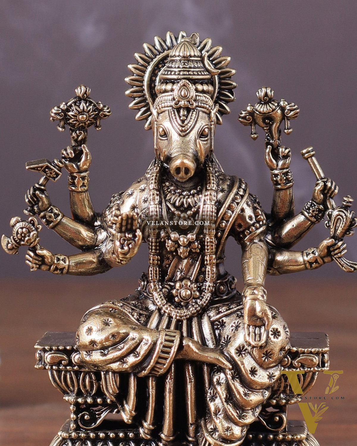 Intricate Hollow-Cast Goddess Varahi Superfine Brass Idol – 4" Tall