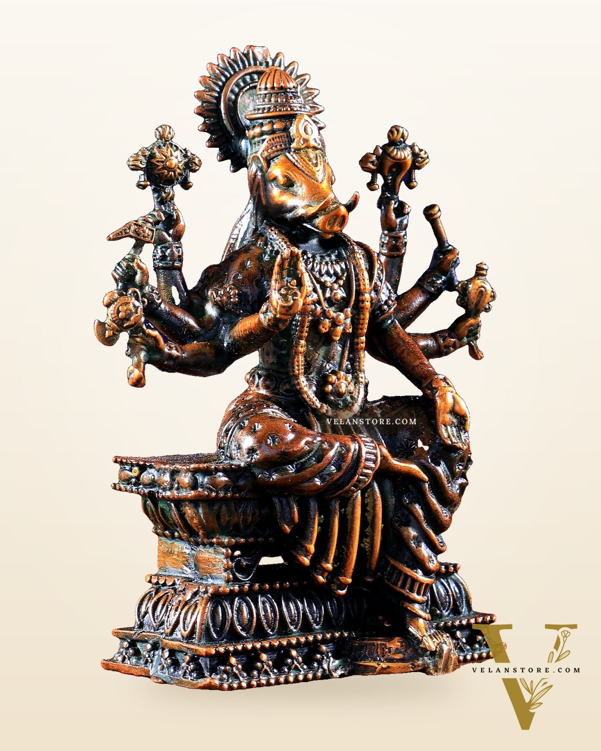 Intricate Hollow-Cast Goddess Varahi Superfine Brass Idol – 4" Tall chola brown tone