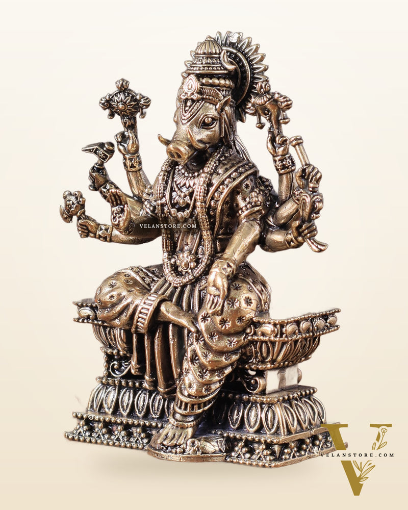 Intricate Hollow-Cast Goddess Varahi Superfine Brass Idol – 4" Tall