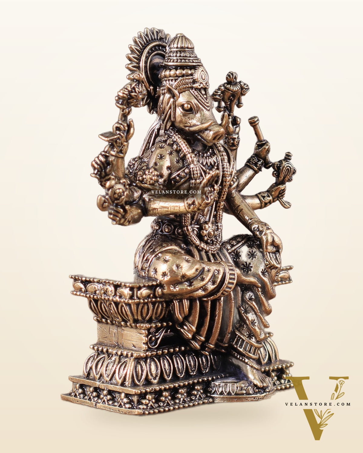 Intricate Hollow-Cast Goddess Varahi Superfine Brass Idol – 4" Tall