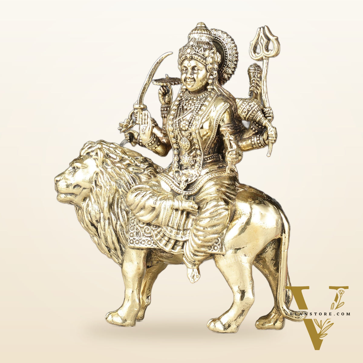 Intricate Lightweight Brass Goddess Durga Idol - 6-inch