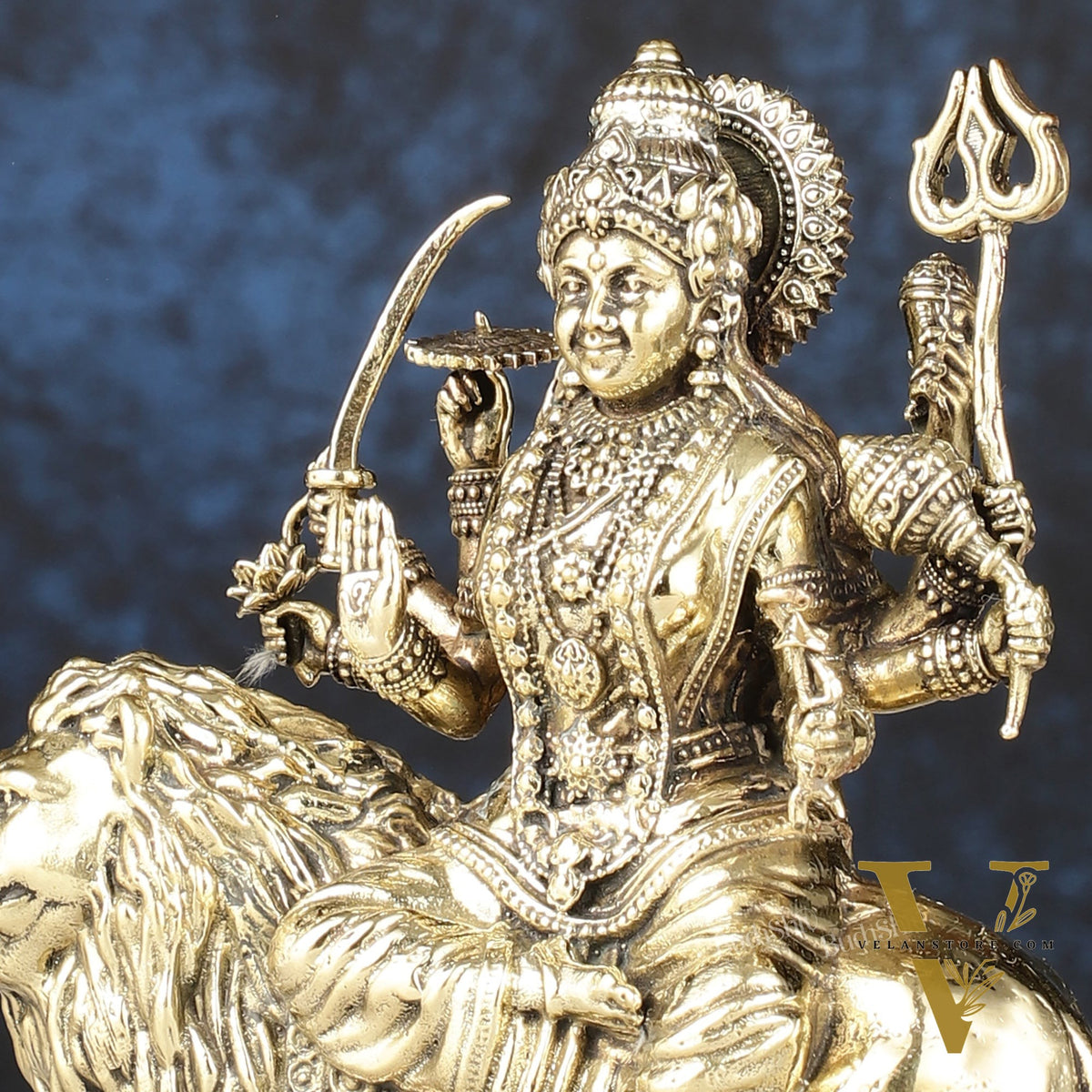 Intricate Lightweight Brass Goddess Durga Idol - 6-inch