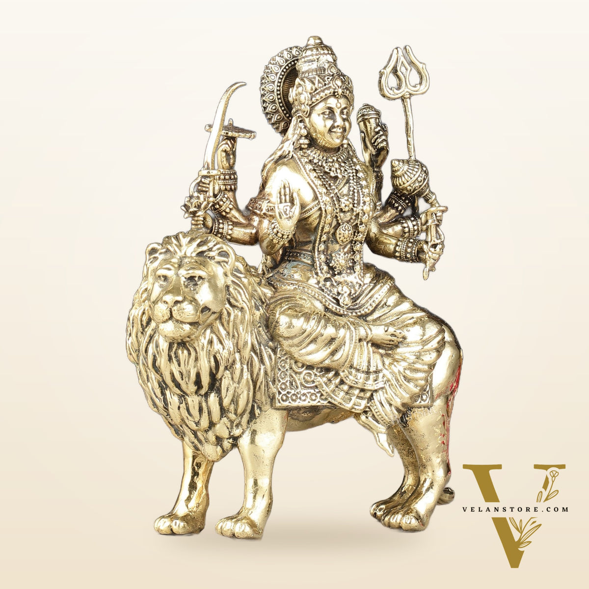 Intricate Lightweight Brass Goddess Durga Idol - 6-inch