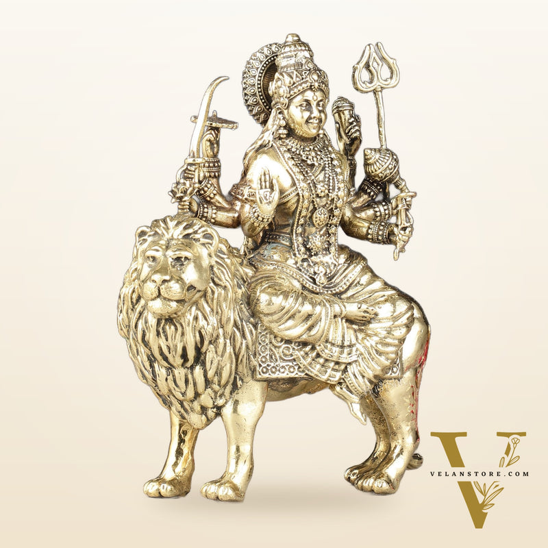 Intricate Lightweight Brass Goddess Durga Idol - 6-inch