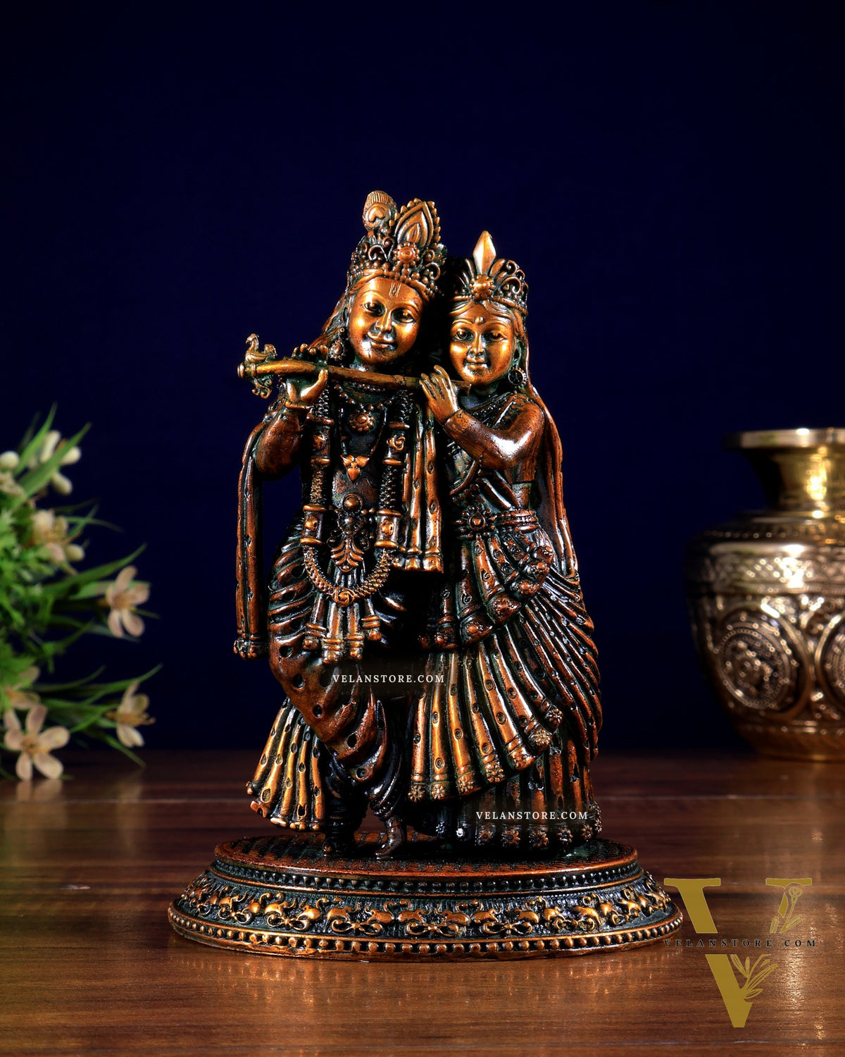 Intricate Lightweight Brass Radha Krishna Idol - 5" chola brown tone