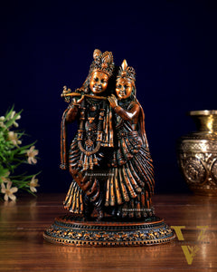 Intricate Lightweight Brass Radha Krishna Idol - 5" chola brown tone